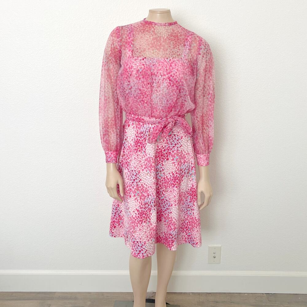 [Vintage] 70s Mary Martin Pink High Neck Belted Floral Print Midi Dress Sz Small